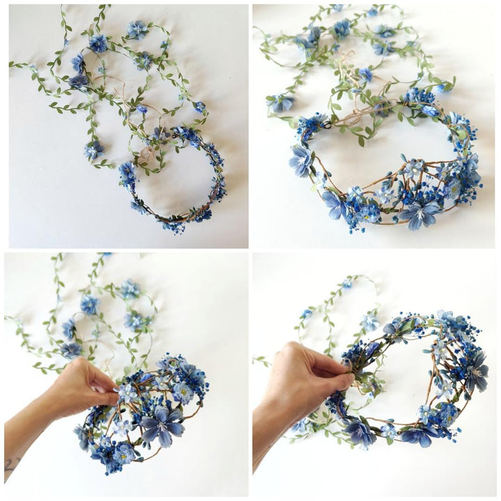 Bridal Flower Hair Wreath with Veil: Blue & Purple Fairy Crown – handmade floral hair accessory by magaela