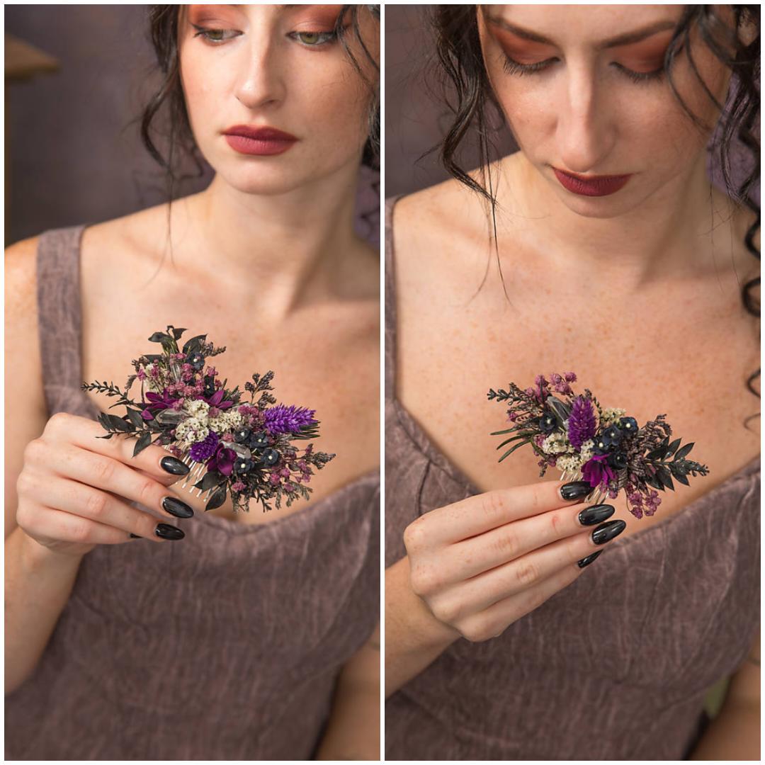 Purple Flower Hair Comb: Autumn Wedding Bridal Hair Accessory – handmade floral hair accessory by magaela