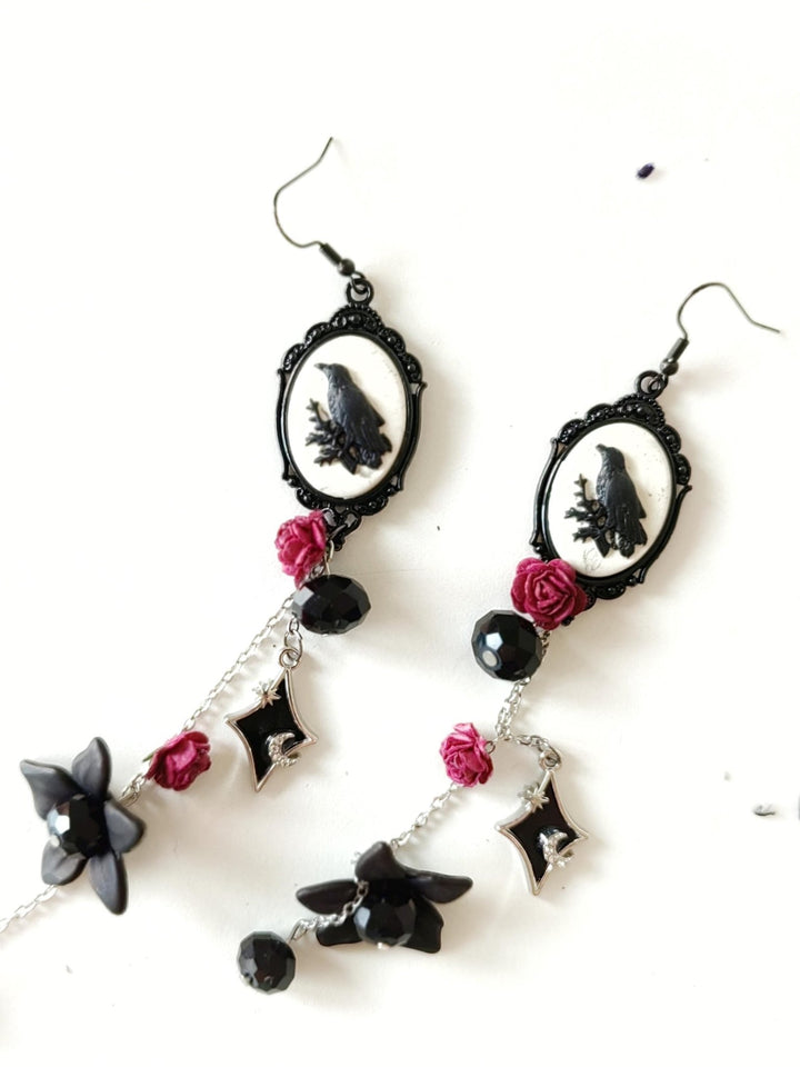Gothic Crow Long Earrings: Halloween Wedding Jewelry – handmade floral hair accessory by magaela