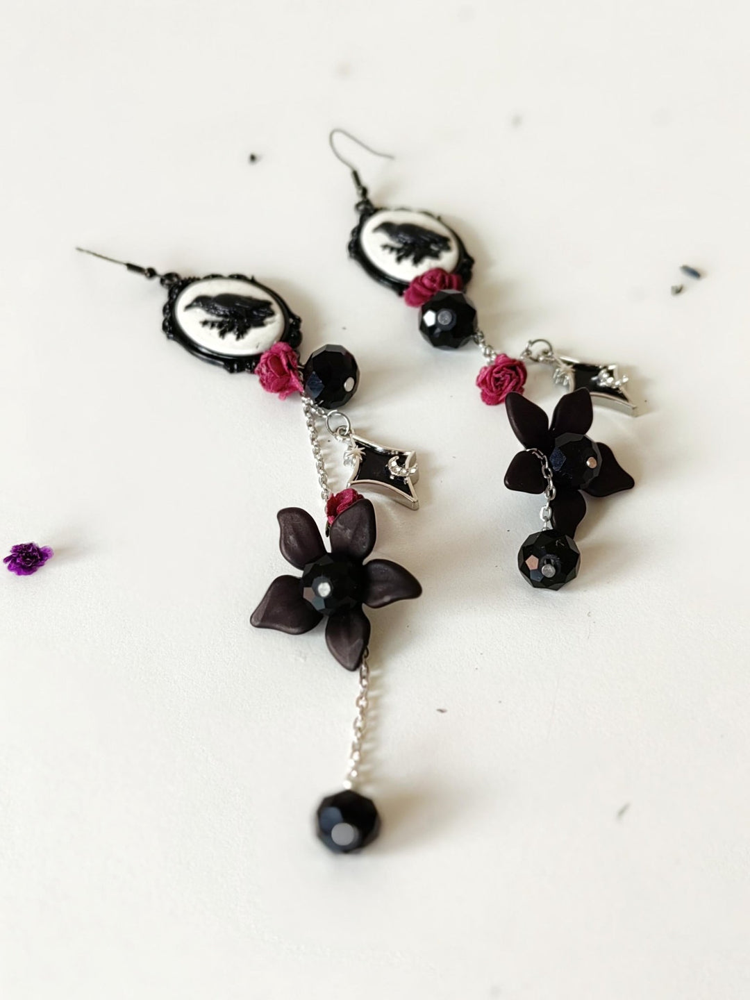 Gothic Crow Long Earrings: Halloween Wedding Jewelry – handmade floral hair accessory by magaela