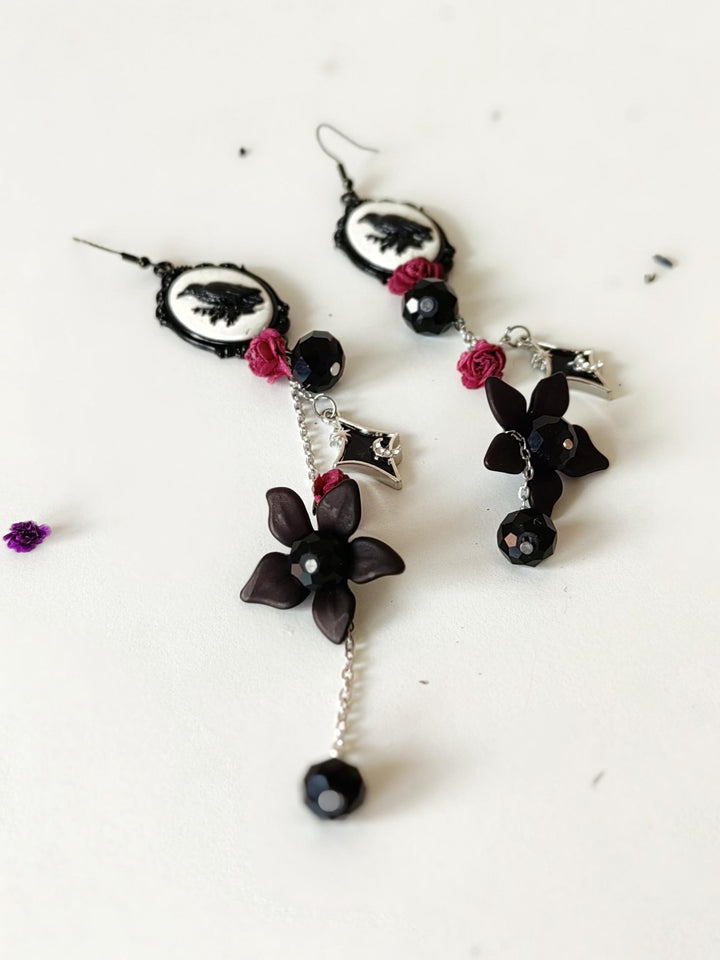 Gothic Crow Long Earrings: Halloween Wedding Jewelry – handmade floral hair accessory by magaela