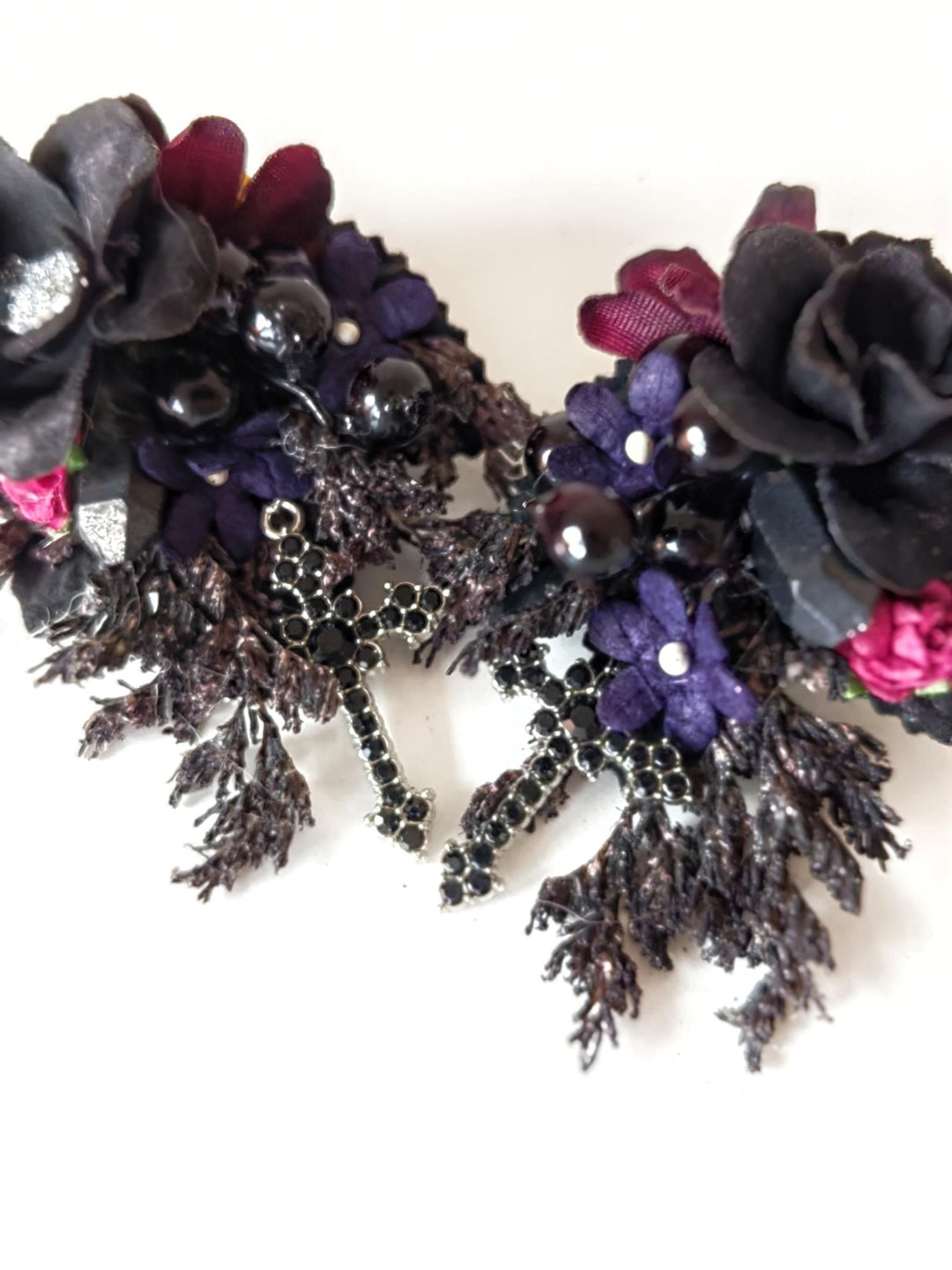 Gothic Flower Earrings: Black Burgundy Cross Studs, Halloween Jewelry – handmade floral hair accessory by magaela