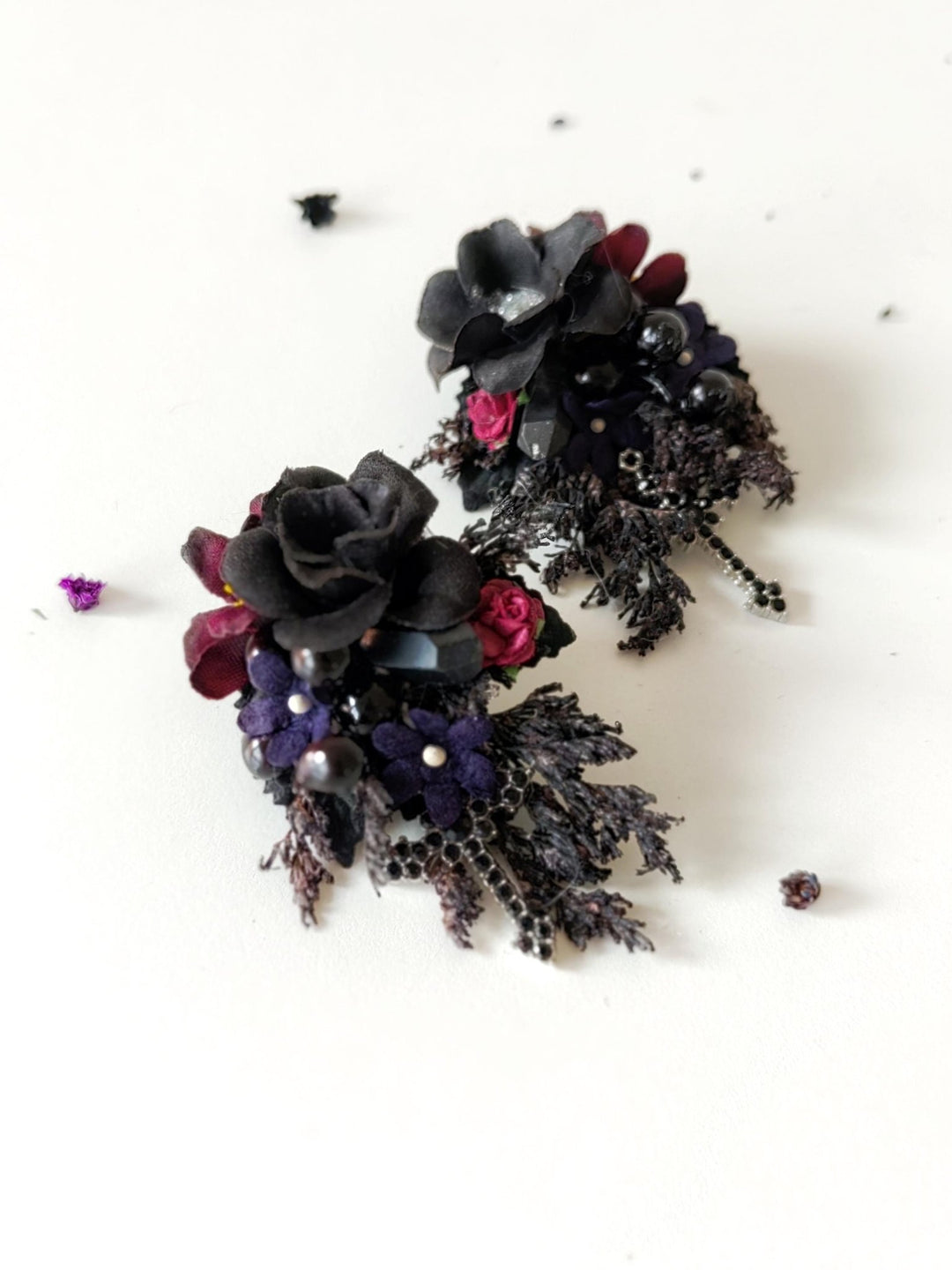 Gothic Flower Earrings: Black Burgundy Cross Studs, Halloween Jewelry – handmade floral hair accessory by magaela