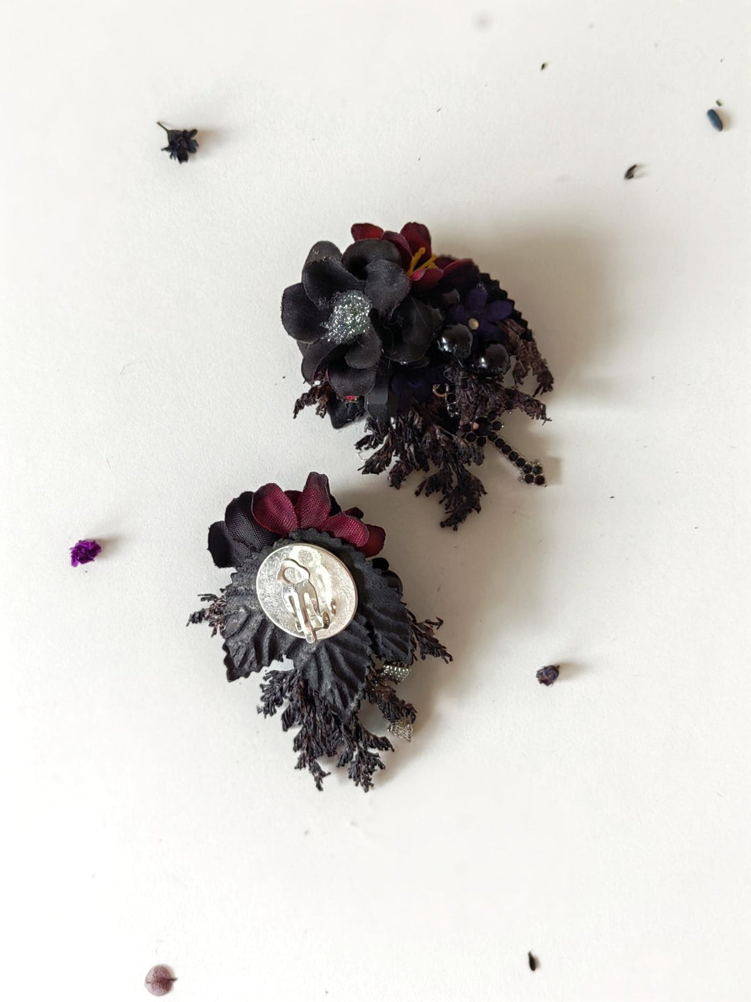 Gothic Flower Earrings: Black Burgundy Cross Studs, Halloween Jewelry – handmade floral hair accessory by magaela