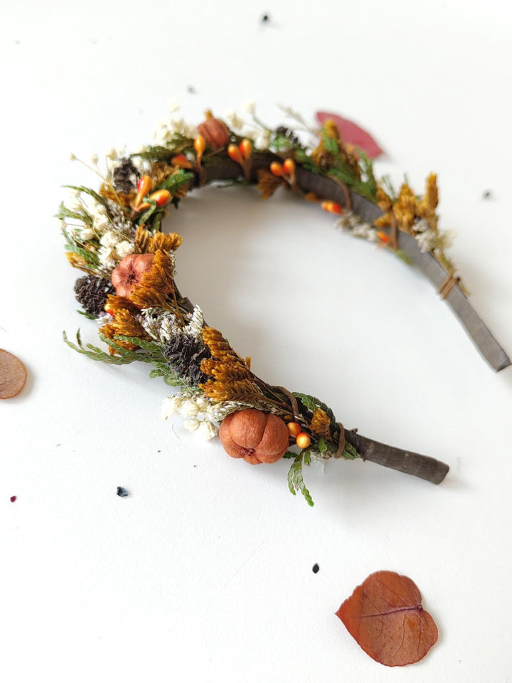 Pumpkin Flower Headband: Autumn Bridal Cottagecore Headpiece – handmade floral hair accessory by magaela