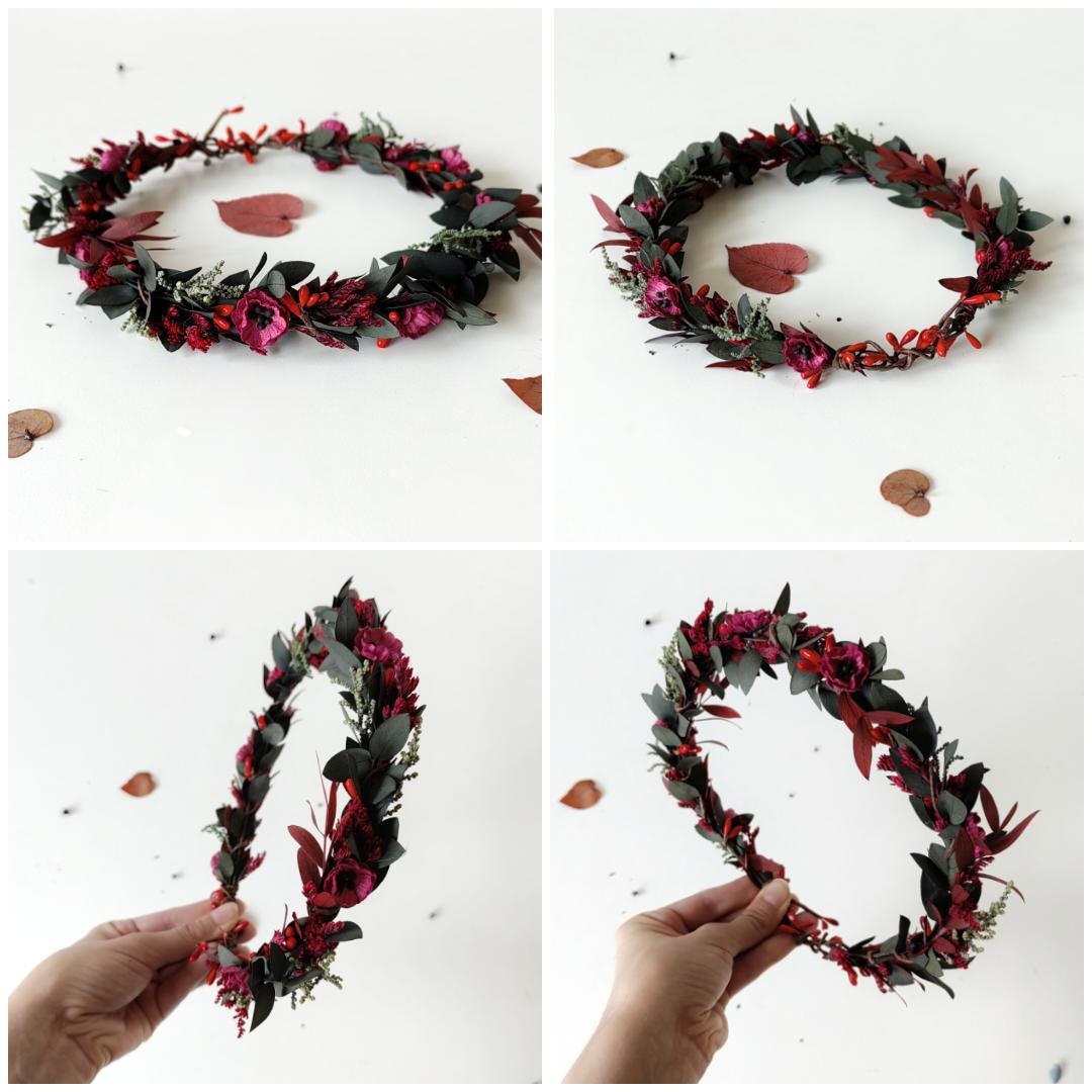 Red Flower Hair Wreath & Comb Set: Autumn Wedding Boho Bridal Hair – handmade floral hair accessory by magaela
