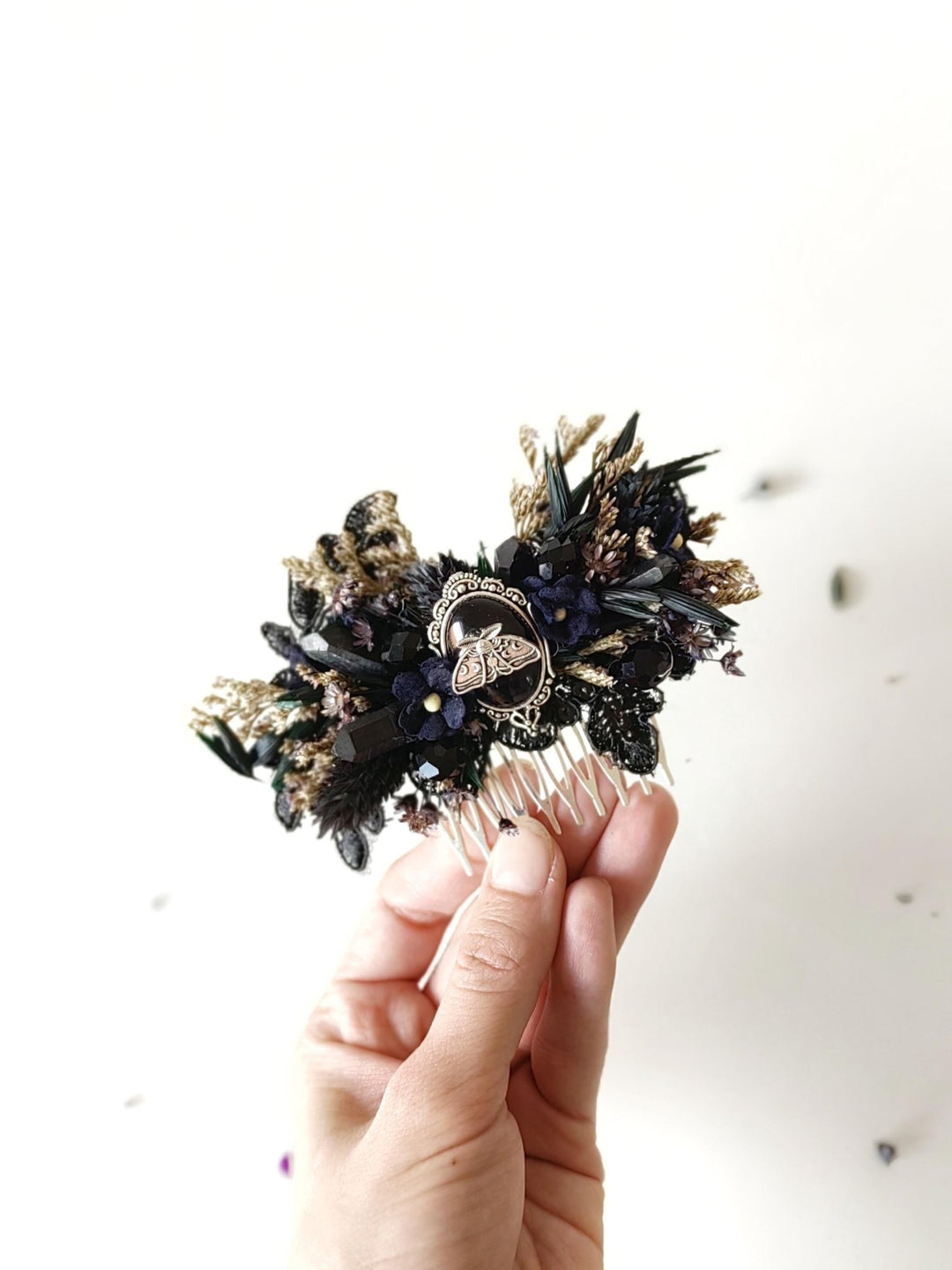 Black Flower Hair Comb: Gothic Wedding Crystal Hair Accessory – handmade floral hair accessory by magaela