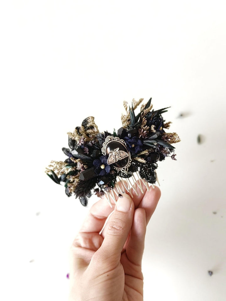 Black Flower Hair Comb: Gothic Wedding Crystal Hair Accessory – handmade floral hair accessory by magaela