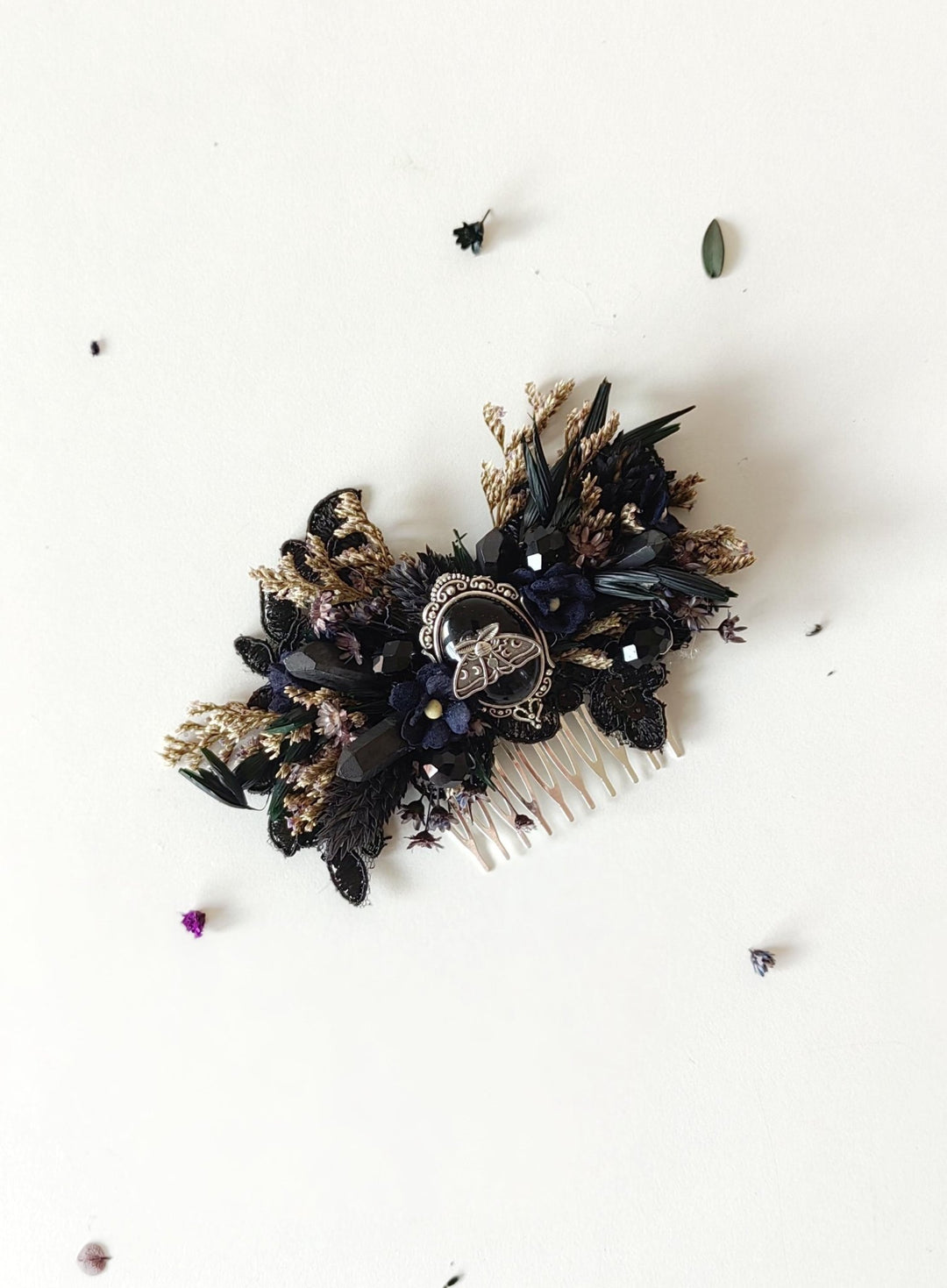 Black Flower Hair Comb: Gothic Wedding Crystal Hair Accessory – handmade floral hair accessory by magaela