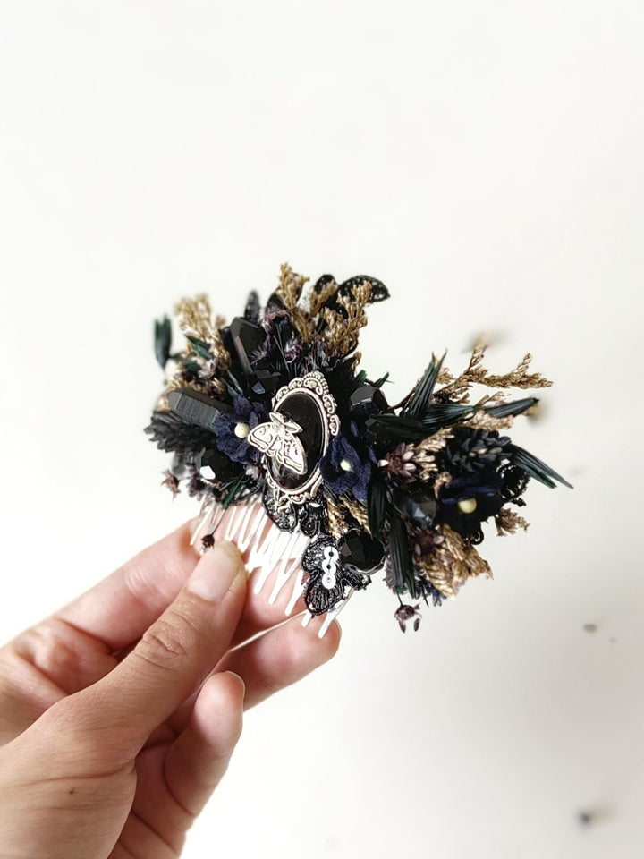 Black Flower Hair Comb: Gothic Wedding Crystal Hair Accessory – handmade floral hair accessory by magaela