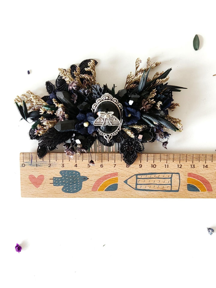 Black Flower Hair Comb: Gothic Wedding Crystal Hair Accessory – handmade floral hair accessory by magaela