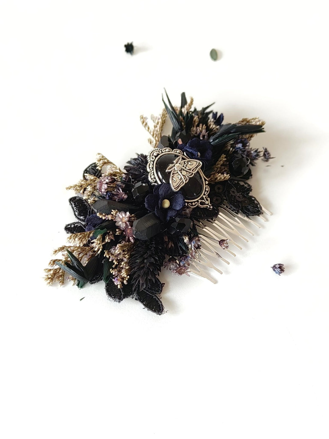 Black Flower Hair Comb: Gothic Wedding Crystal Hair Accessory – handmade floral hair accessory by magaela