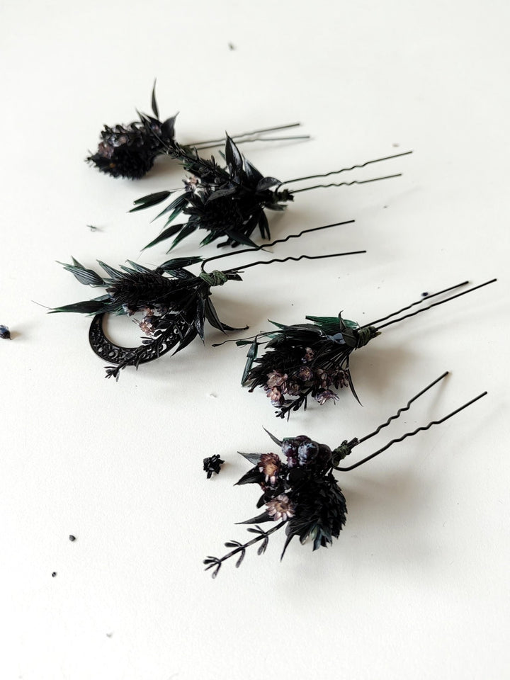 Black Flower Hair Pins: Gothic Wedding Bridal Hair Accessory – handmade floral hair accessory by magaela