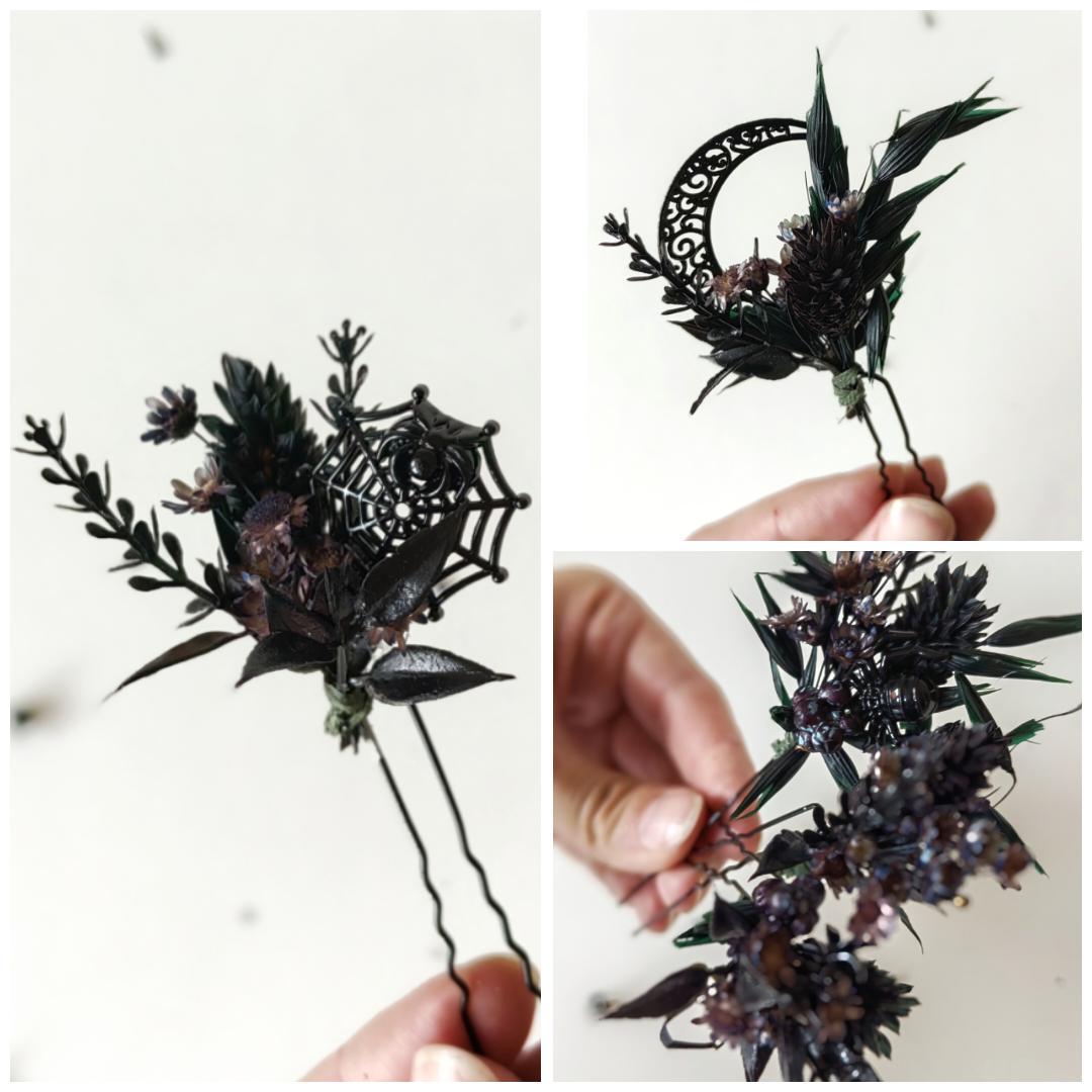 Black Flower Hair Pins: Gothic Wedding Bridal Hair Accessory – handmade floral hair accessory by magaela