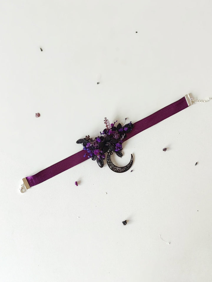 Purple Flower Moon Choker: Gothic Halloween Necklace – handmade floral hair accessory by magaela