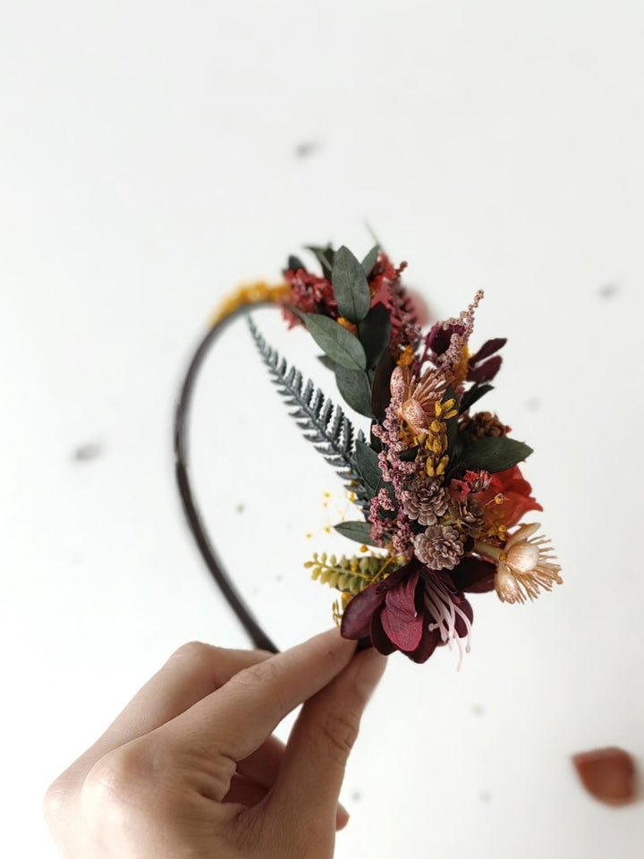 Burgundy Flower Headband: Autumn Wedding Bridal Hair Accessory – handmade floral hair accessory by magaela