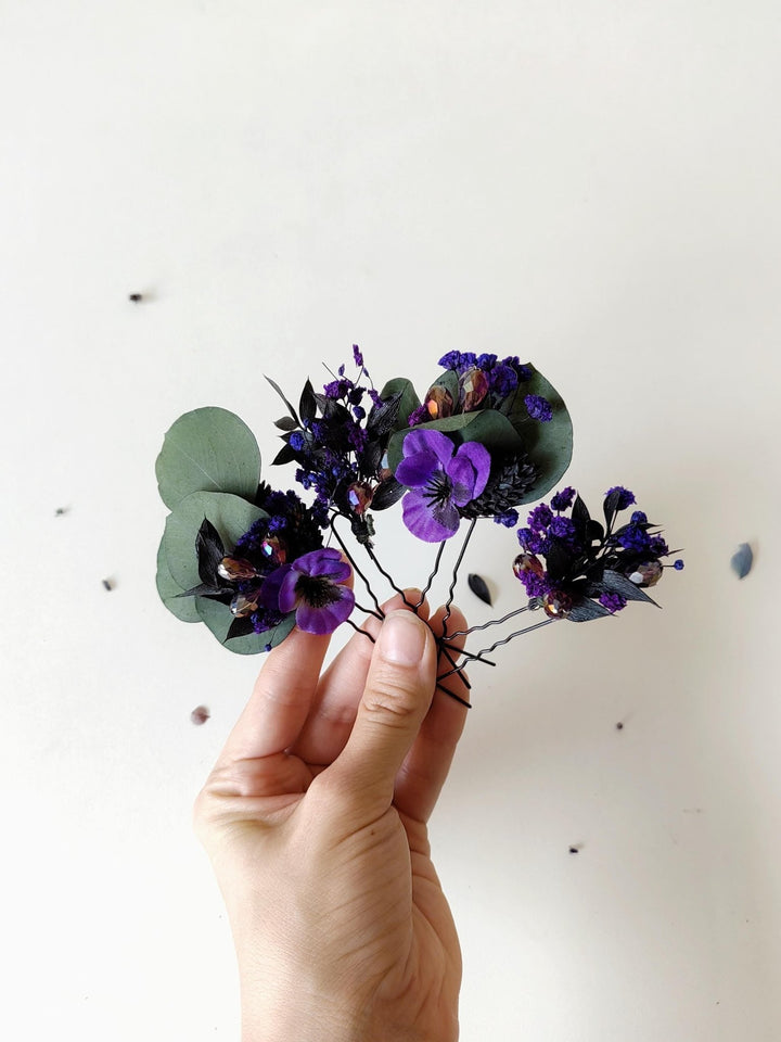 Purple Flower Hairpins: Violet Eucalyptus Bridal Hair Accessories – handmade floral hair accessory by magaela