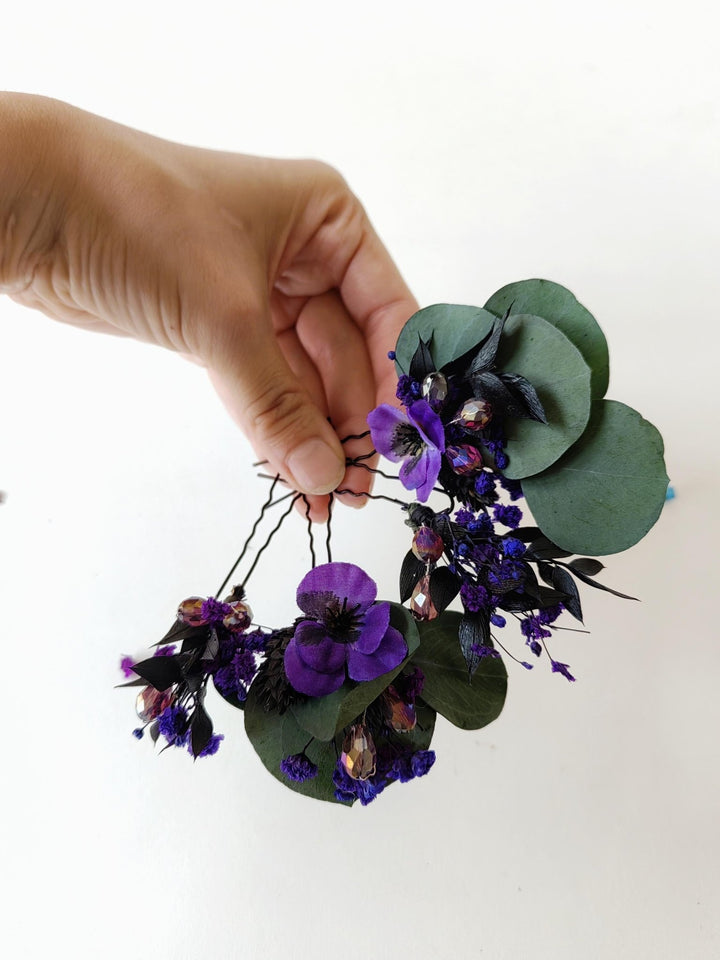 Purple Flower Hairpins: Violet Eucalyptus Bridal Hair Accessories – handmade floral hair accessory by magaela