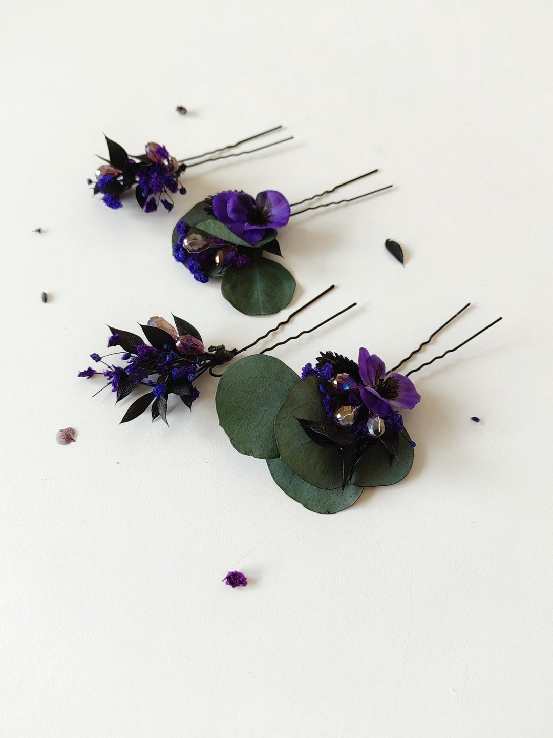 Purple Flower Hairpins: Violet Eucalyptus Bridal Hair Accessories – handmade floral hair accessory by magaela
