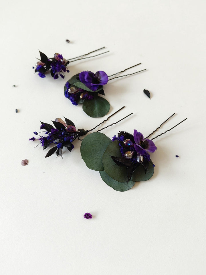 Purple Flower Hairpins: Violet Eucalyptus Bridal Hair Accessories – handmade floral hair accessory by magaela