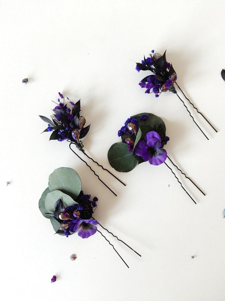 Purple Flower Hairpins: Violet Eucalyptus Bridal Hair Accessories – handmade floral hair accessory by magaela