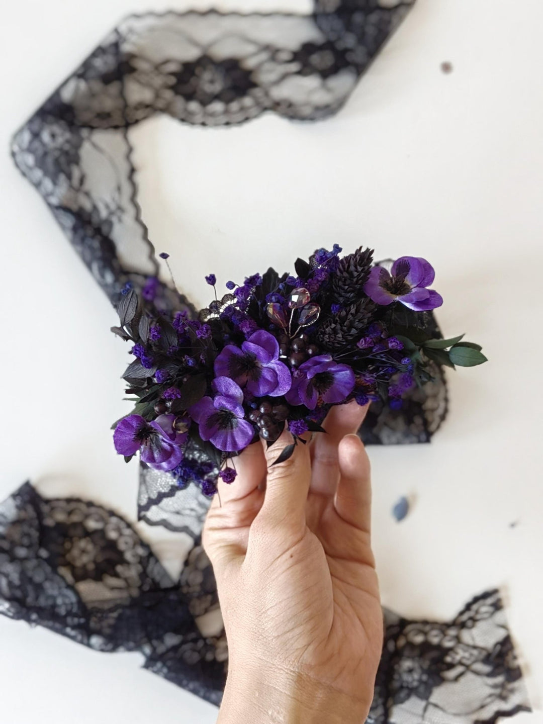 Purple Flower Belt: Gothic Autumn Wedding Dress Accessory – handmade floral hair accessory by magaela