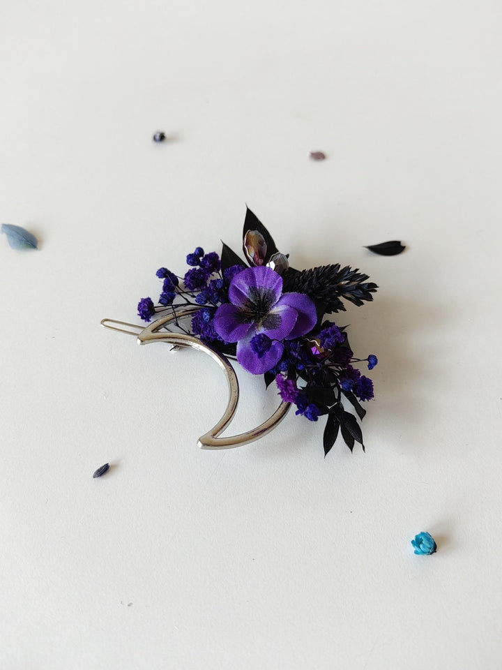 Halloween Moon Hair Clip: Purple Flower Gothic Wedding Accessory – handmade floral hair accessory by magaela