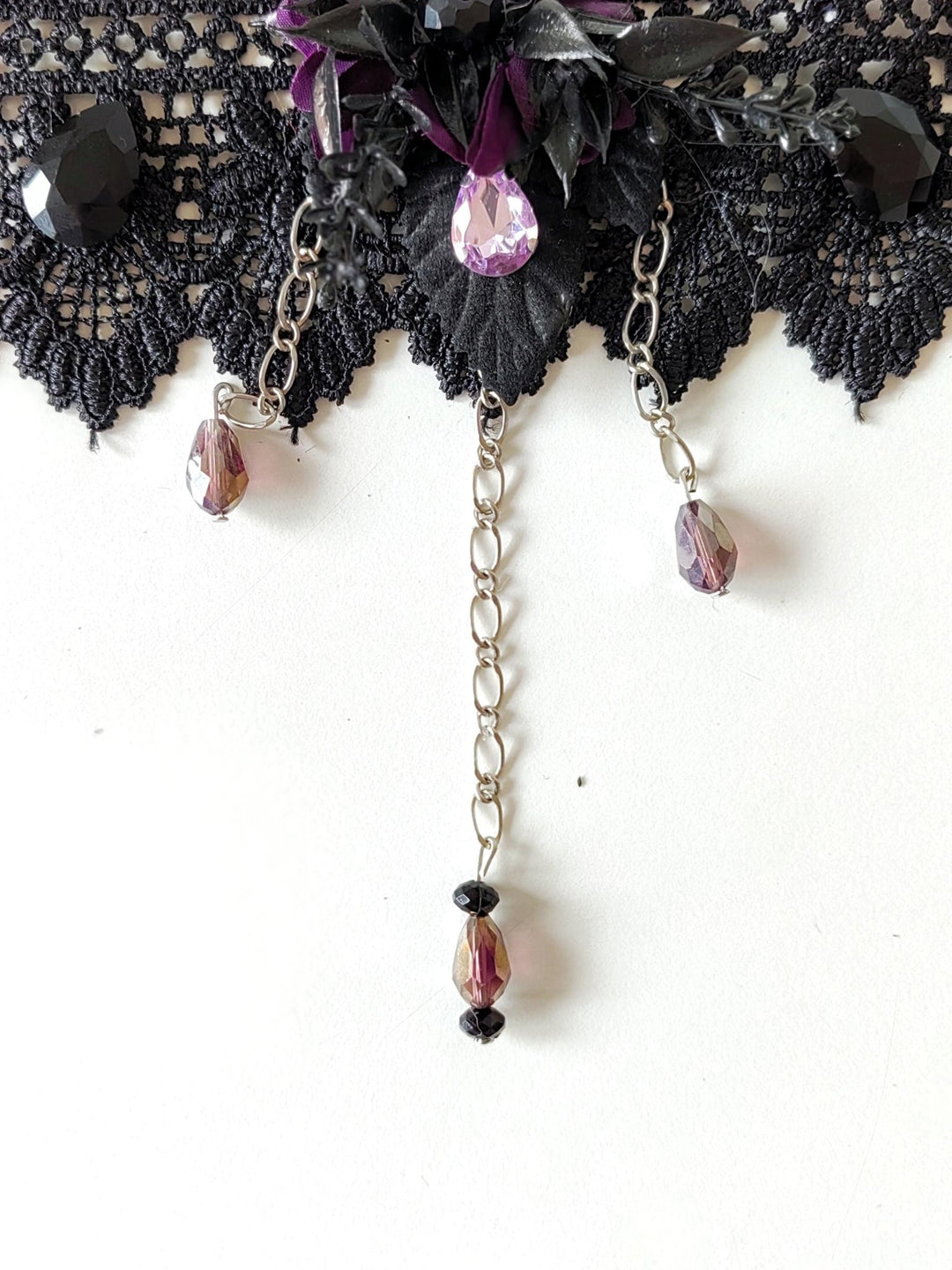 Gothic Lace Choker: Black Necklace with Purple Flowers & Chains – handmade floral hair accessory by magaela