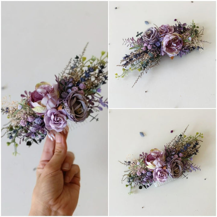 Purple Flower Hair Wreath and Comb: Boho Bridal Hair Accessories – handmade floral hair accessory by magaela