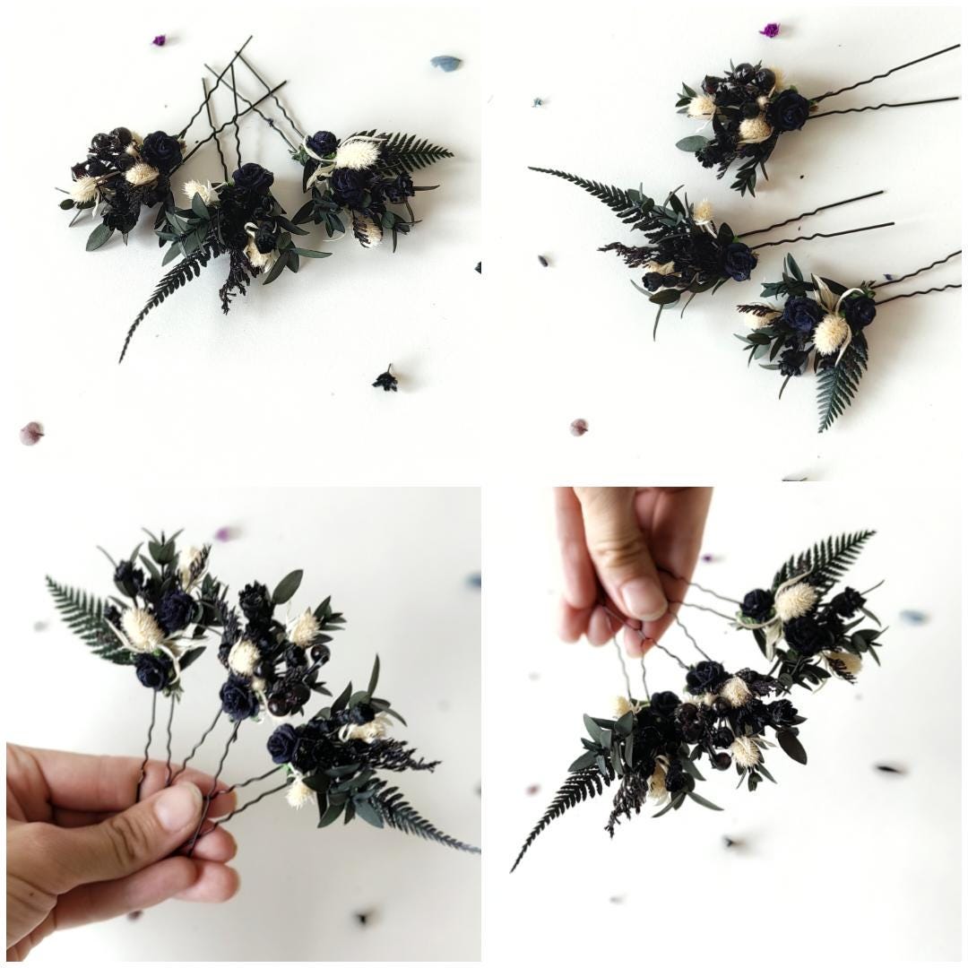 Gothic Wedding Black Lace Veil: Corpse Bride Flower Hairpins – handmade floral hair accessory by magaela
