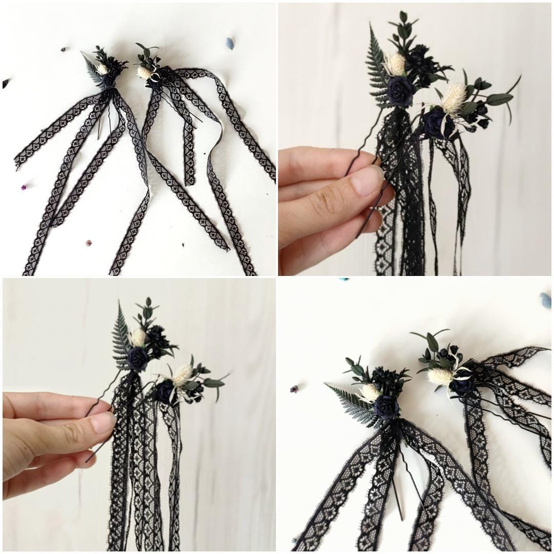 Gothic Wedding Black Lace Veil: Corpse Bride Flower Hairpins – handmade floral hair accessory by magaela