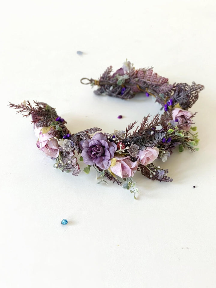 Purple Pink Flower Half Wreath: Boho Bridal Hair Accessory – handmade floral hair accessory by magaela