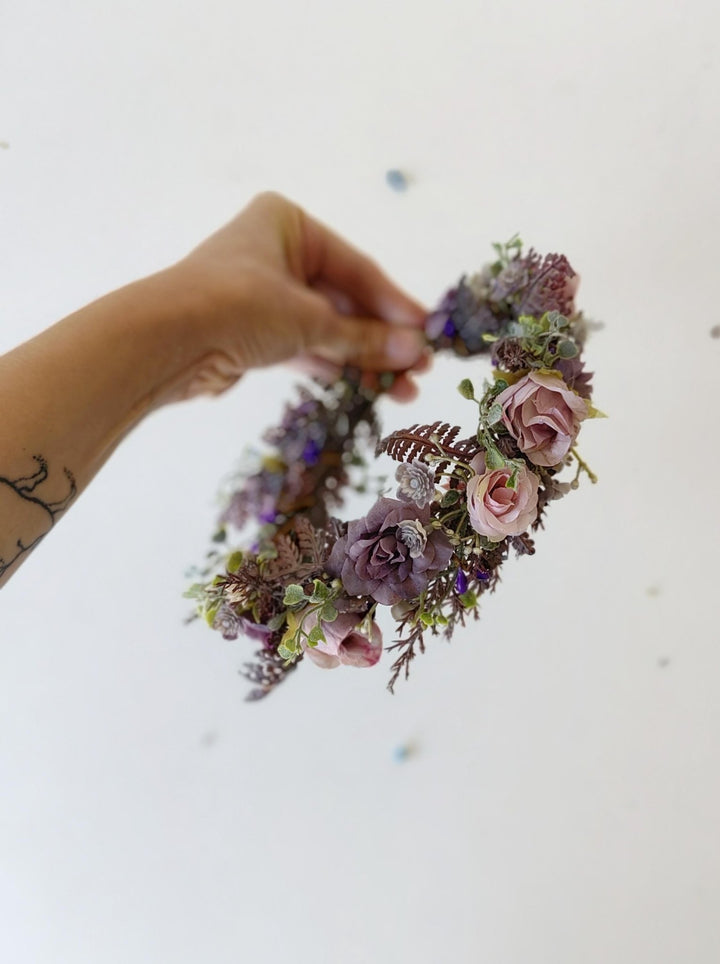 Purple Pink Flower Half Wreath: Boho Bridal Hair Accessory – handmade floral hair accessory by magaela