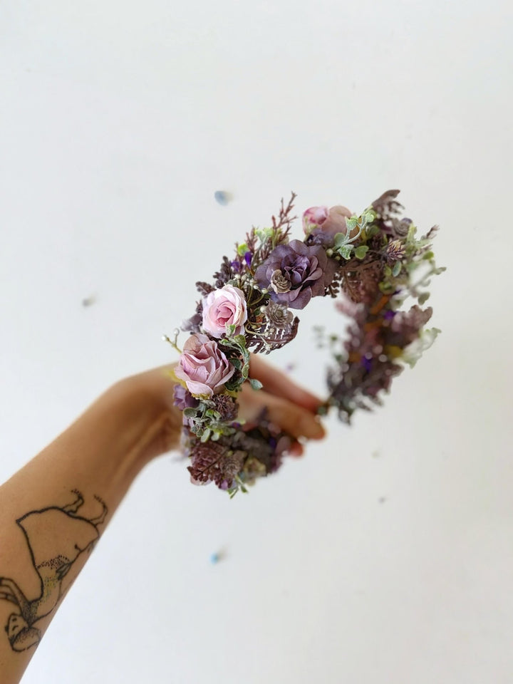 Purple Pink Flower Half Wreath: Boho Bridal Hair Accessory – handmade floral hair accessory by magaela