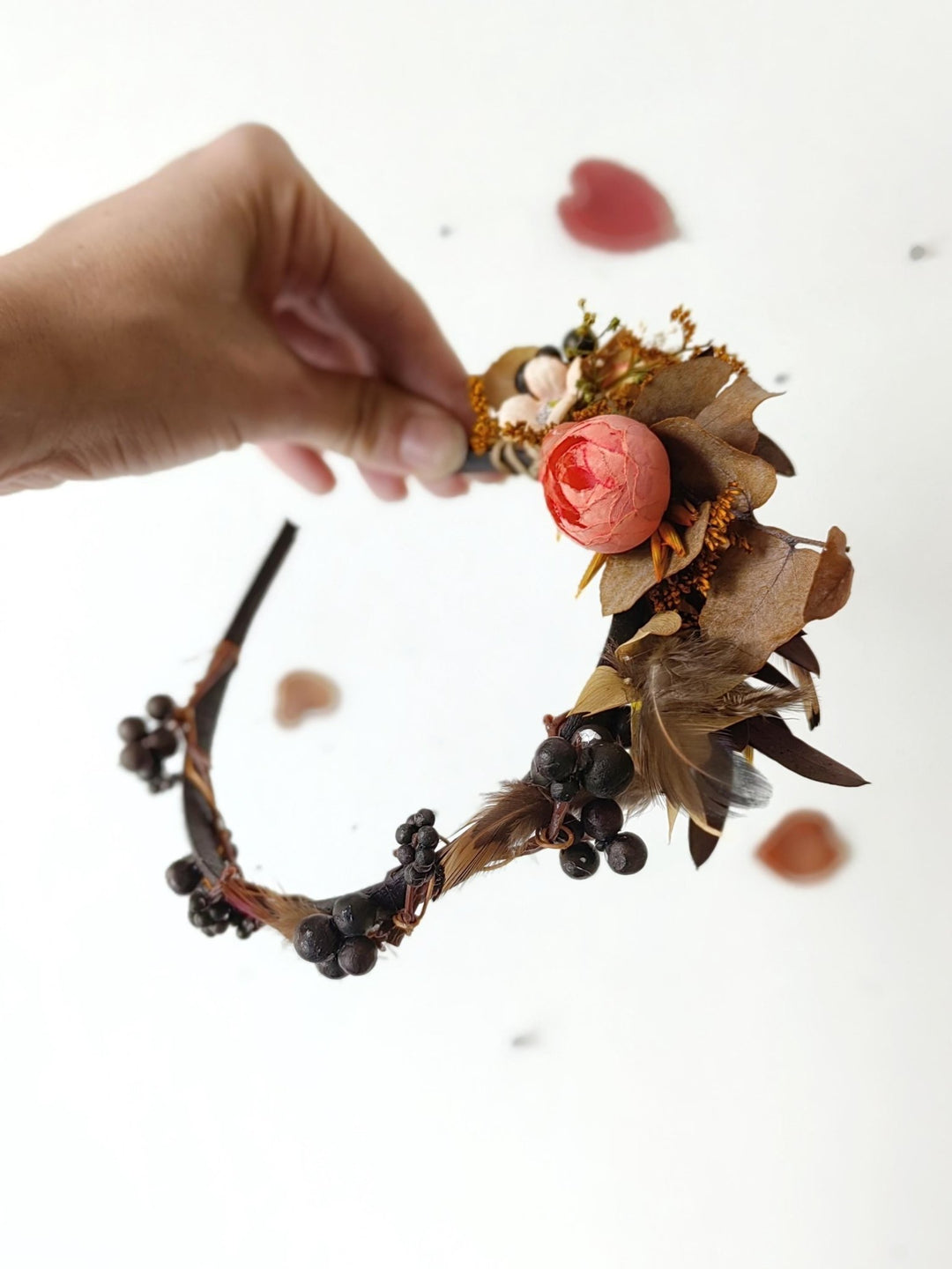 Autumn Flower Headband: Peony, Blackberries & Feathers – handmade floral hair accessory by magaela