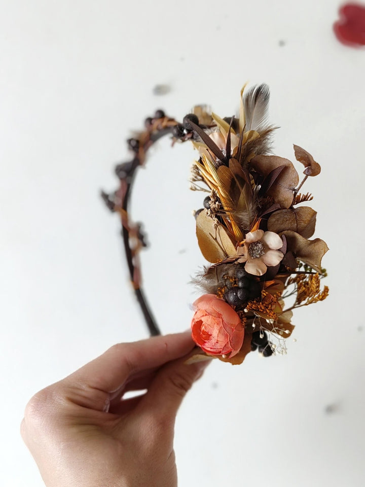 Autumn Flower Headband: Peony, Blackberries & Feathers – handmade floral hair accessory by magaela