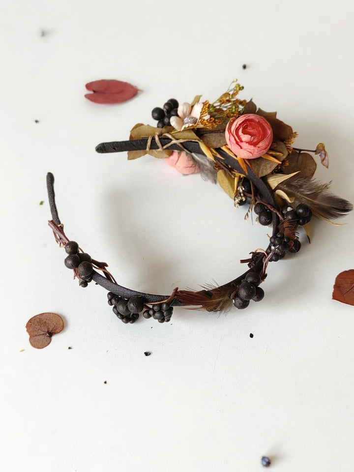 Autumn Flower Headband: Peony, Blackberries & Feathers – handmade floral hair accessory by magaela