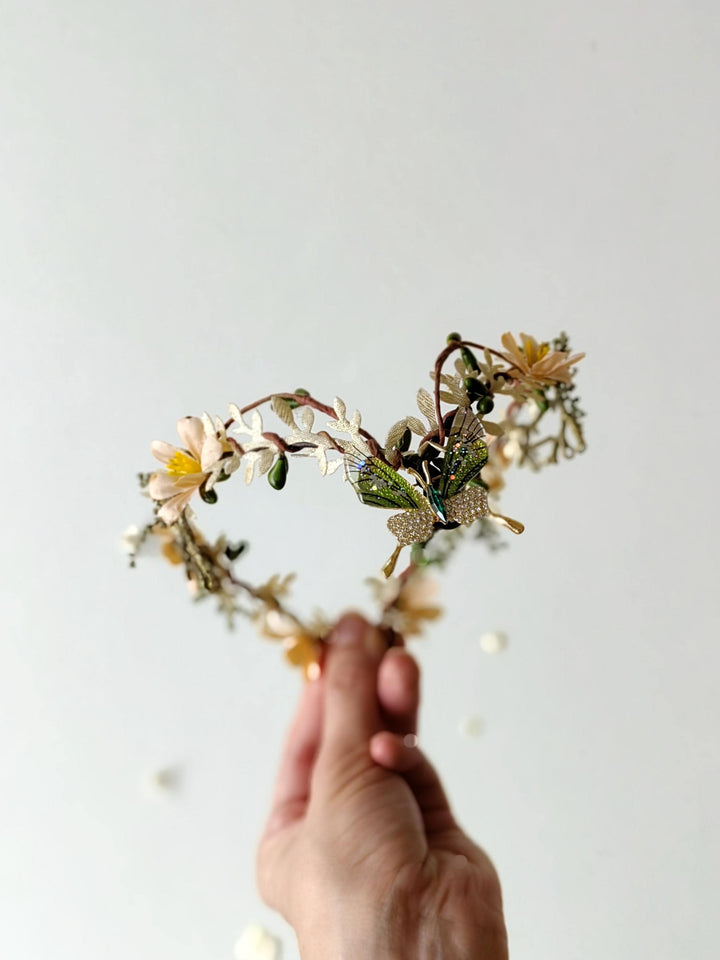 Butterfly Elven Crown: Green Beige Wedding Tiara – handmade floral hair accessory by magaela