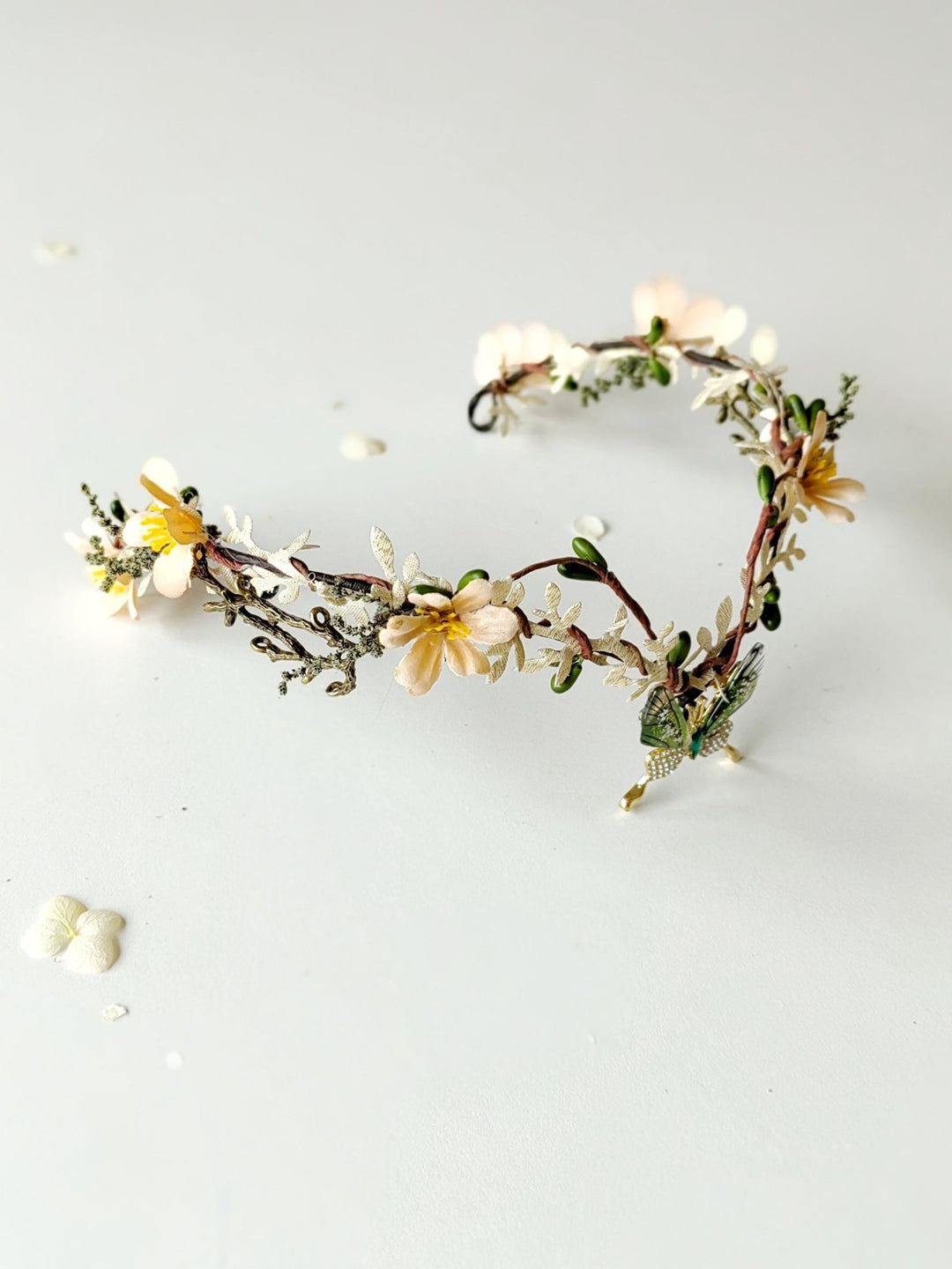Butterfly Elven Crown: Green Beige Wedding Tiara – handmade floral hair accessory by magaela