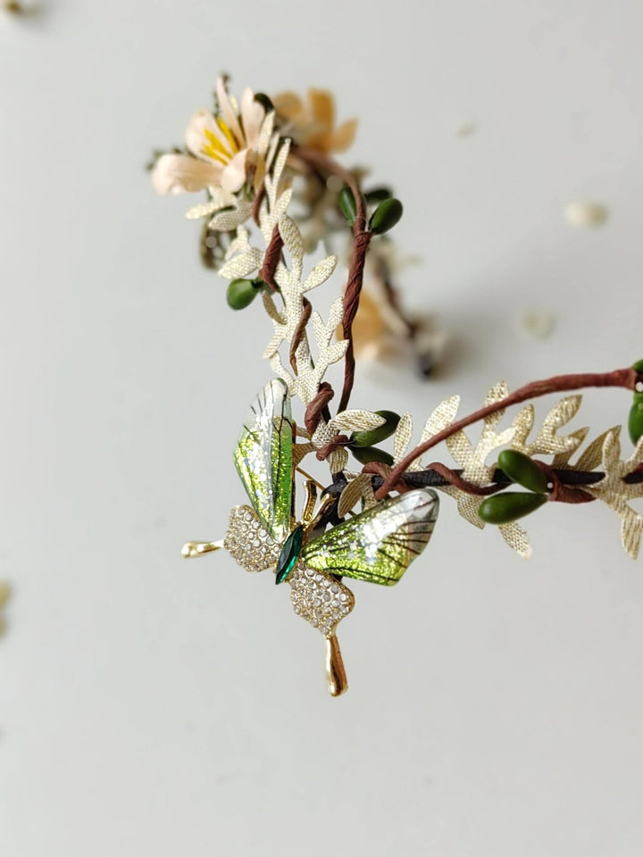 Butterfly Elven Crown: Green Beige Wedding Tiara – handmade floral hair accessory by magaela