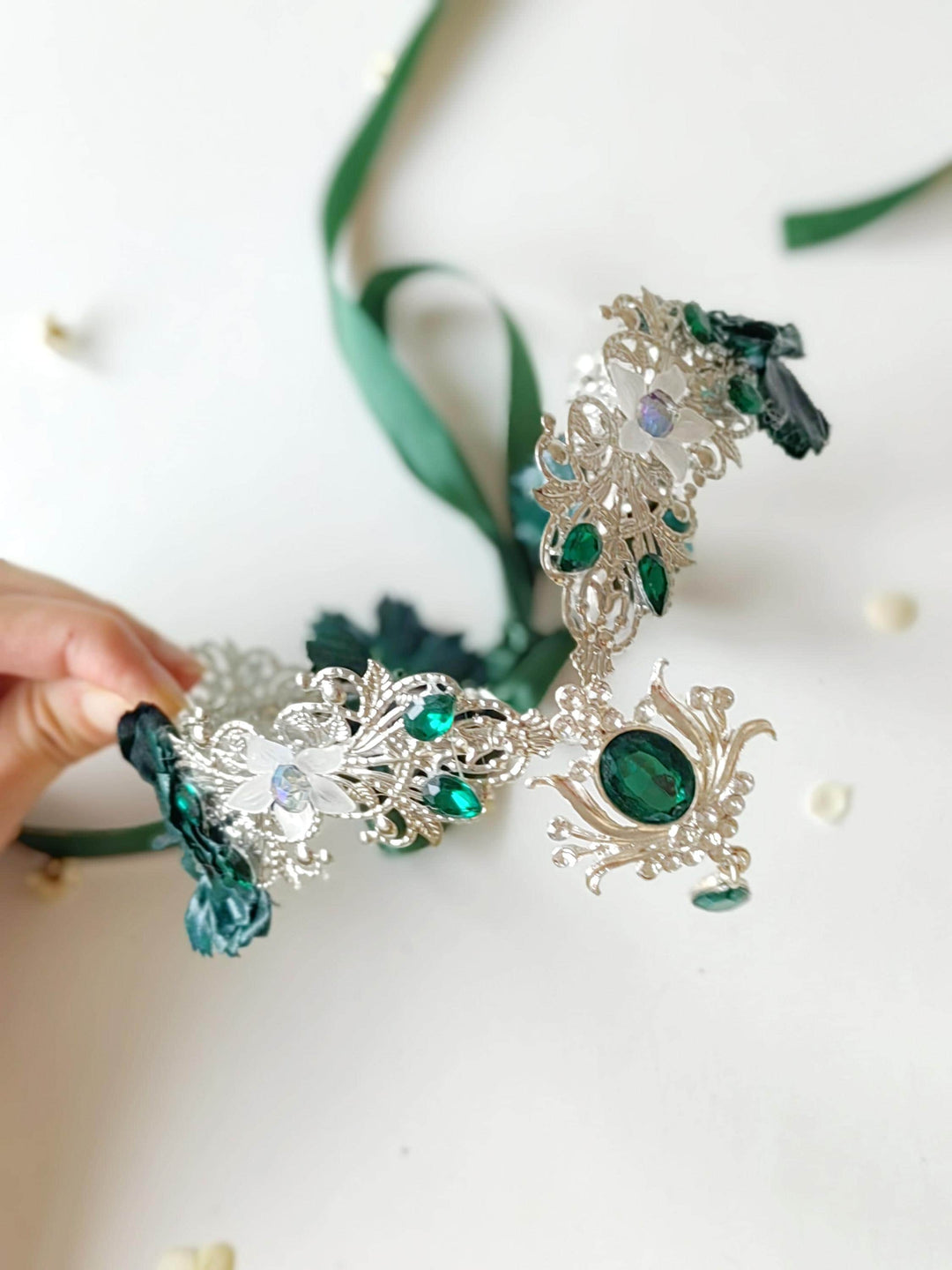 Emerald Crystal Elven Crown: Silver Bridal Headpiece, Fantasy Tiara – handmade floral hair accessory by magaela