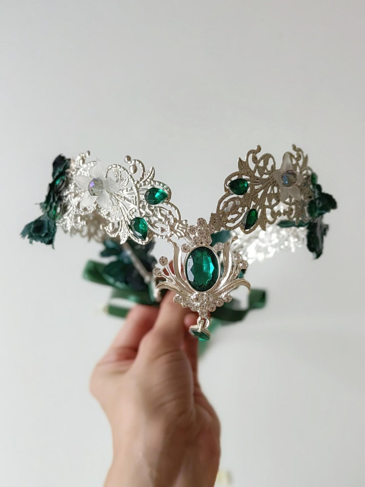 Emerald Crystal Elven Crown: Silver Bridal Headpiece, Fantasy Tiara – handmade floral hair accessory by magaela