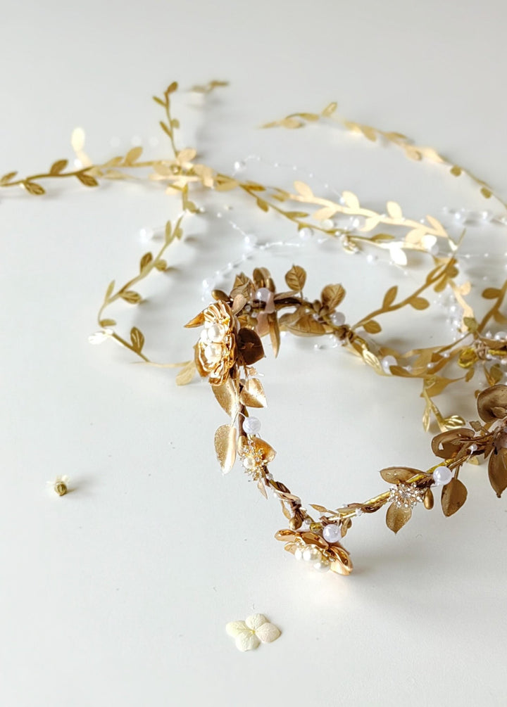 Golden Wedding Crown with Veil: Glamour Pearl Bridal Tiara – handmade floral hair accessory by magaela