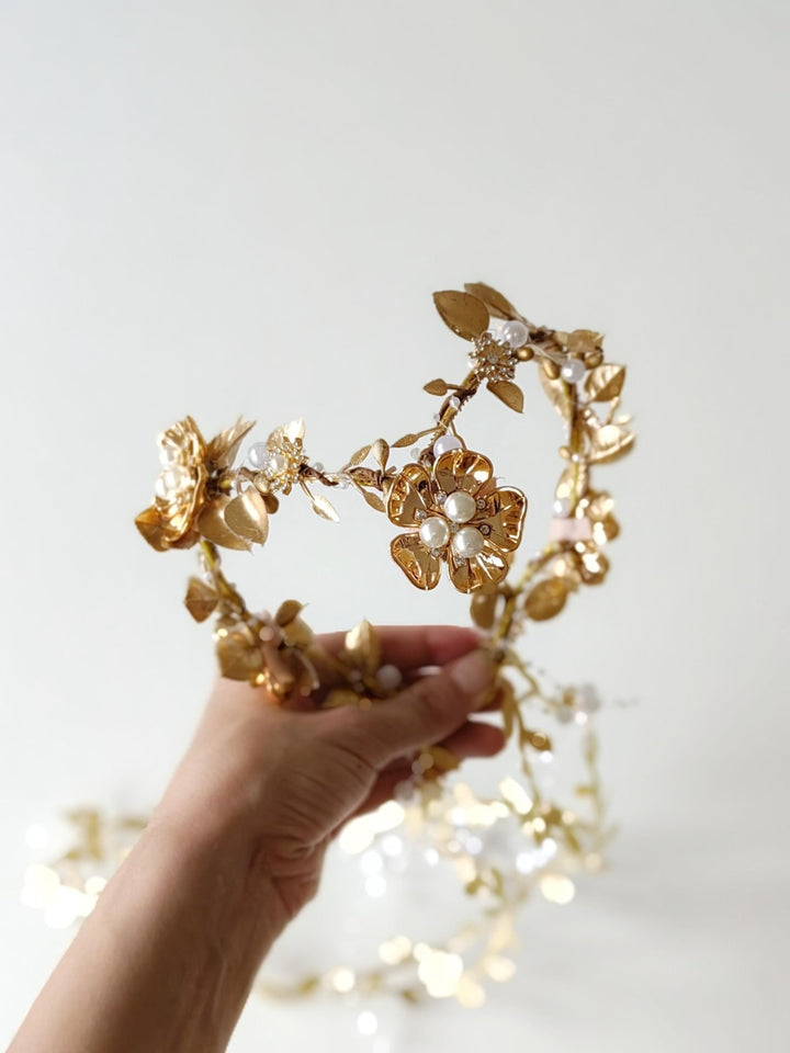 Golden Wedding Crown with Veil: Glamour Pearl Bridal Tiara – handmade floral hair accessory by magaela