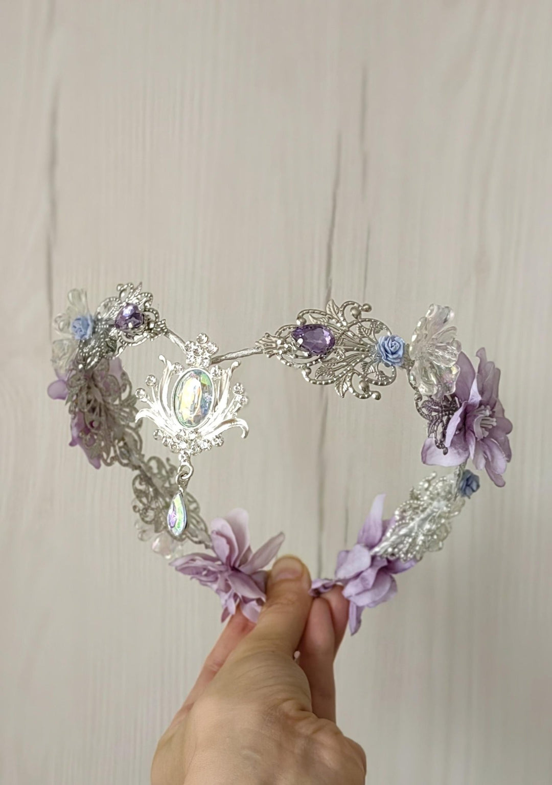 Lilac Flower Bridal Crown: Vintage Elf Wedding Tiara – handmade floral hair accessory by magaela