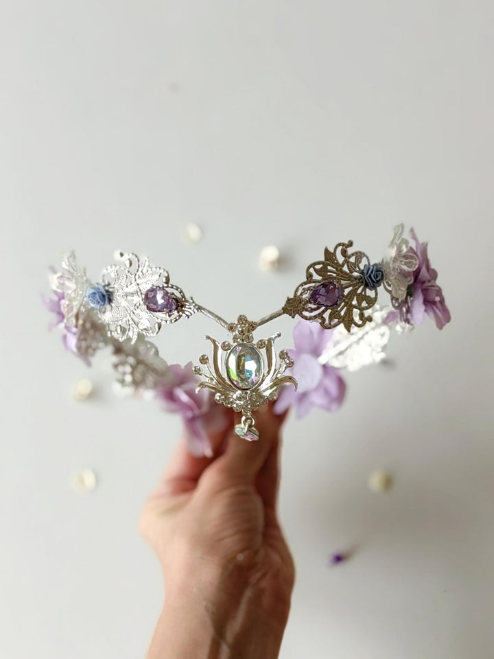 Lilac Flower Bridal Crown: Vintage Elf Wedding Tiara – handmade floral hair accessory by magaela