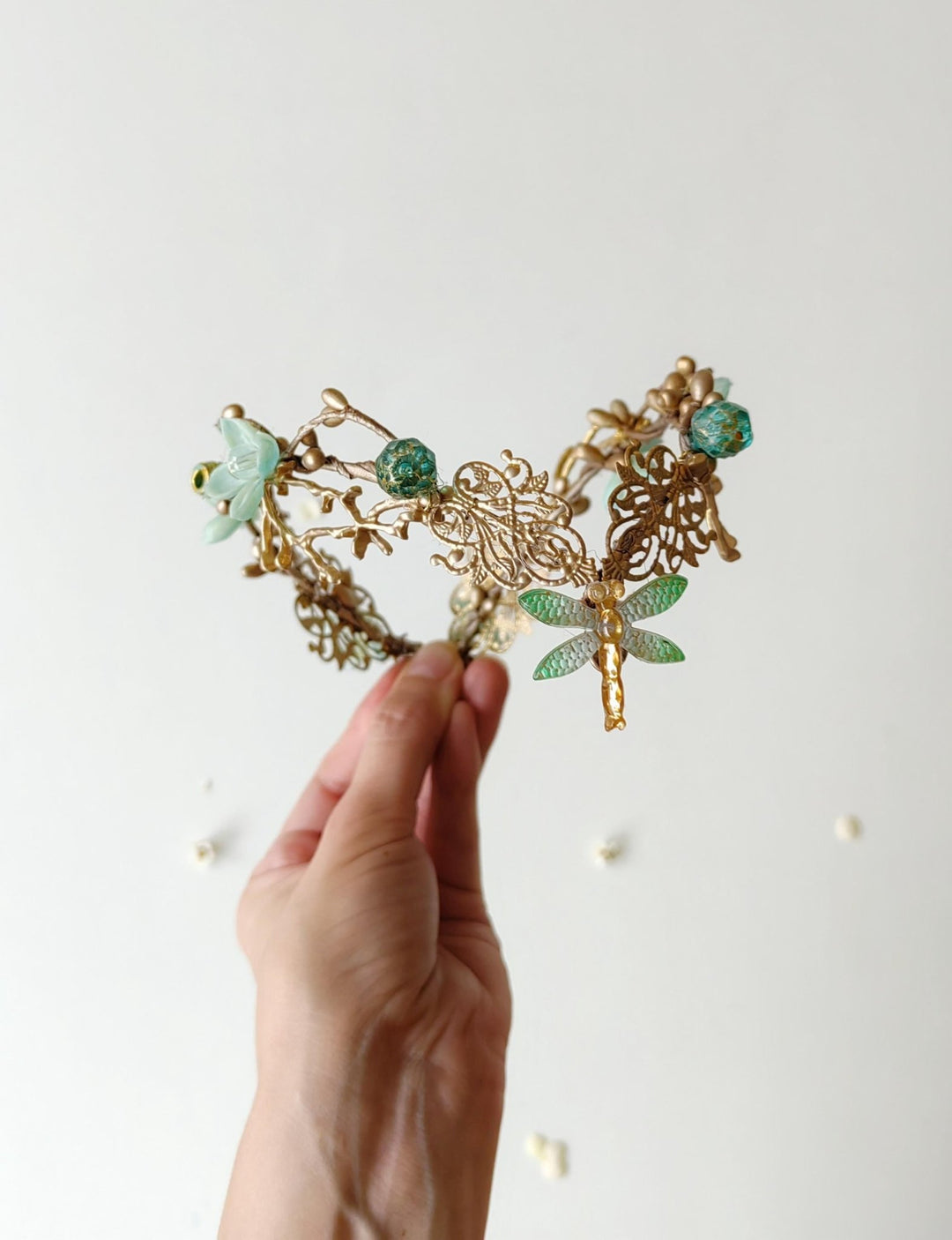 Mint & Gold Dragonfly Crown: Elven Bridal Tiara – handmade floral hair accessory by magaela