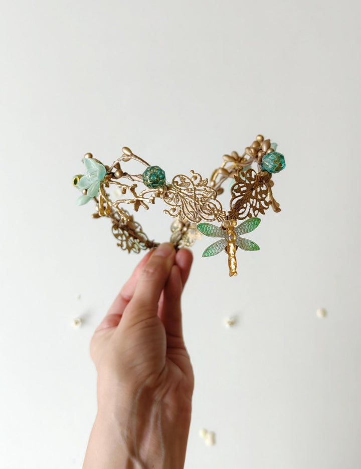 Mint & Gold Dragonfly Crown: Elven Bridal Tiara – handmade floral hair accessory by magaela