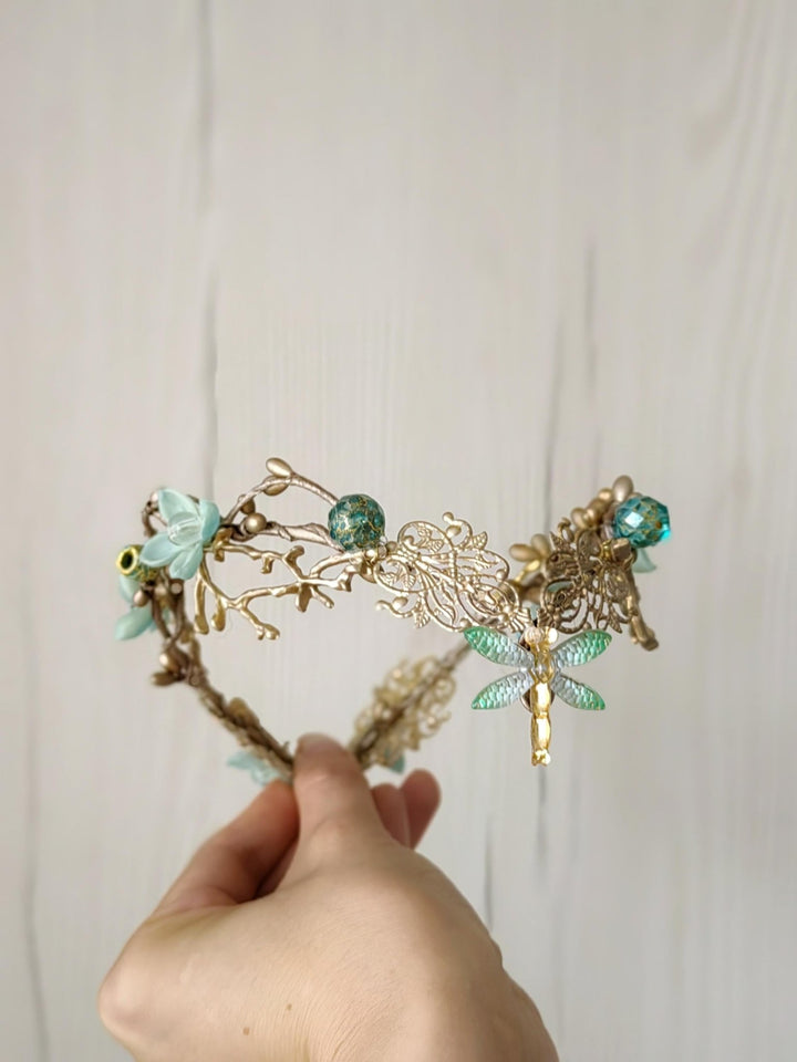 Mint & Gold Dragonfly Crown: Elven Bridal Tiara – handmade floral hair accessory by magaela