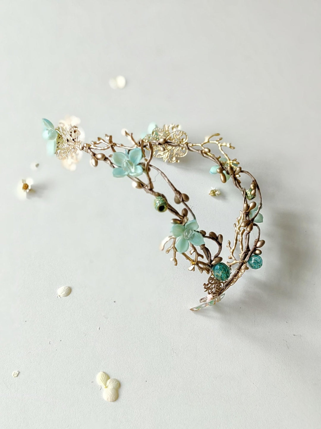 Mint & Gold Dragonfly Crown: Elven Bridal Tiara – handmade floral hair accessory by magaela